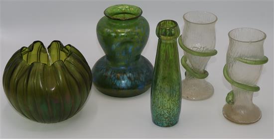 Three Loetz style glass vases and a pair of serpent-entwined vases